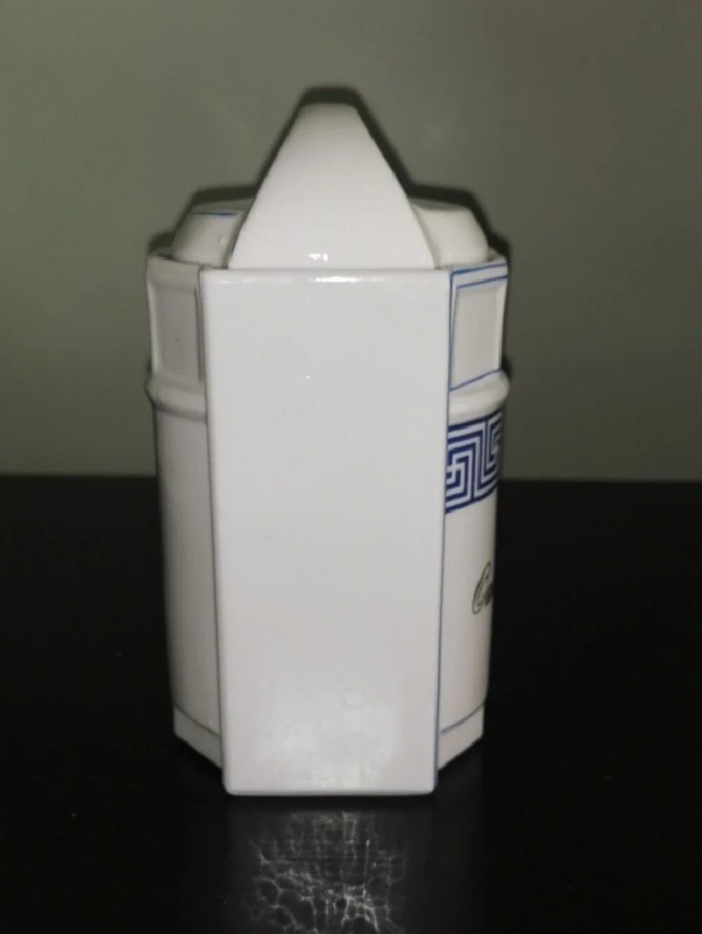 White Ceramic Oatmeal Canister with Blue Greek Key Trim Made in Germany